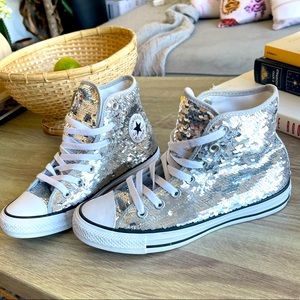 EUC Silver Sparkle Sequin Hi Top Converse Sneakers